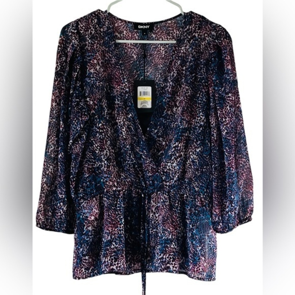 DKNY Leopard print‎ Multicolor Women’s Long Balloon Sleeve Tie Waist blouse Sz M